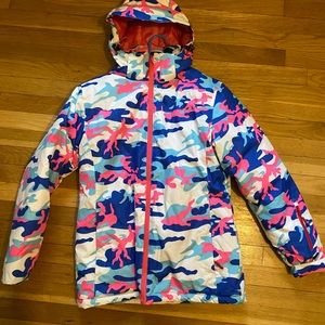 ****SOLD *******Hooded-Pink,turquoise, royal blue & white ski coat. Size large.